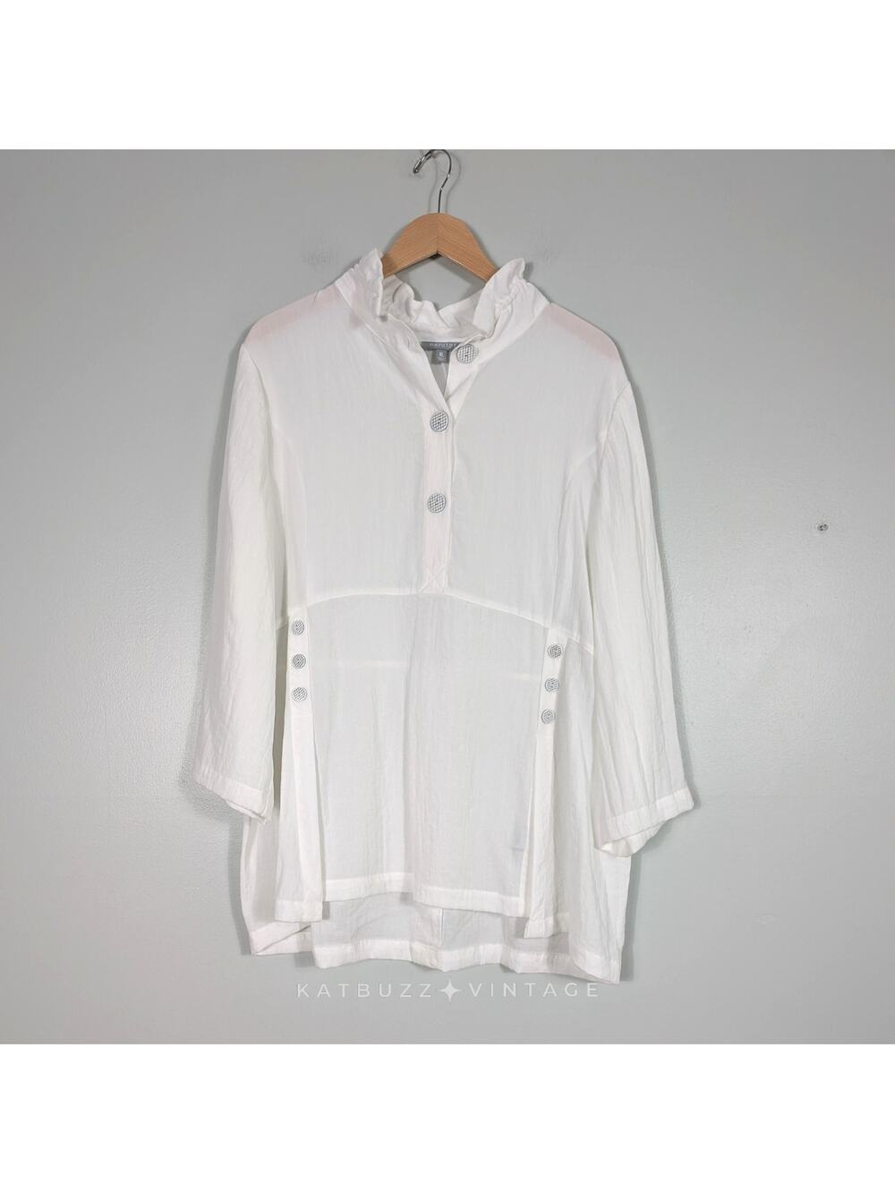 Habitat Long Sleeve Top Xl White Wired Collar Artsy Buttons Lagenlook Gauzy